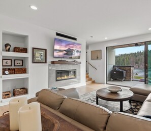 Smart TV, fireplace, books
