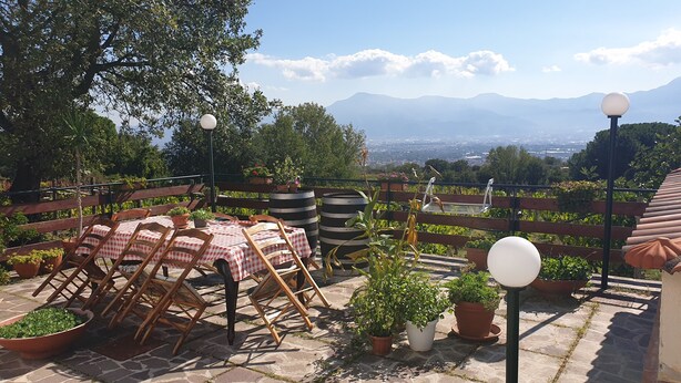Une terrasse avec des tables et des chaises, des plantes en pot et une vue sur les montagnes lointaines.
