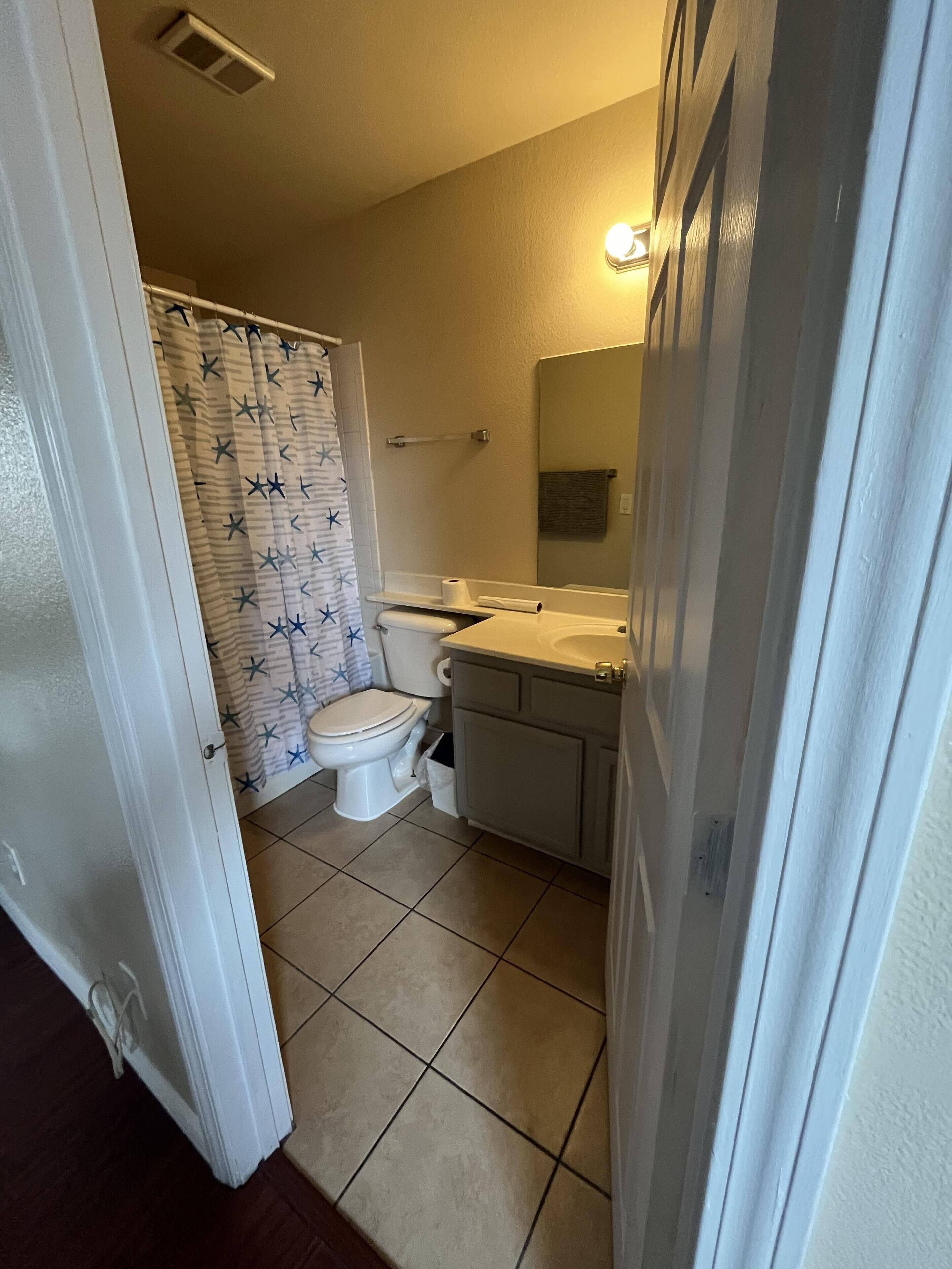 A small bathroom with a toilet, sink, and shower curtain.