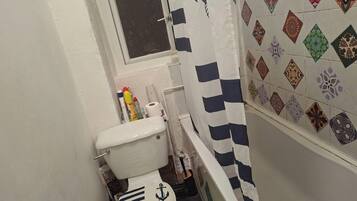 A small bathroom with a toilet, a window, and a shower curtain.