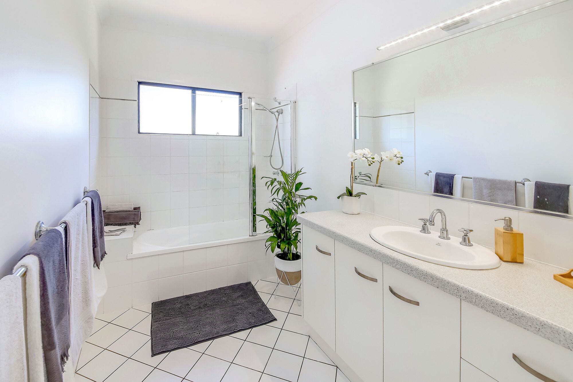 Hair dryer, towels, soap, shampoo