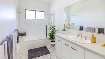 Hair dryer, towels, soap, shampoo