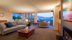 Télévision, cheminée, livres, chaîne hi-fi