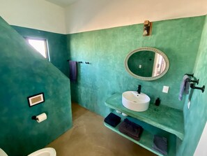Shower, towels, toilet paper