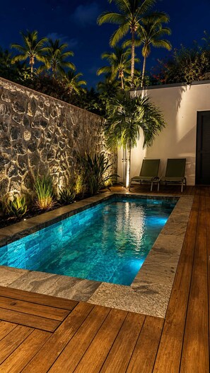 Une piscine bordée d’un mur en pierre et dotée d’une terrasse en bois, entourée de palmiers et surplombant un ciel nocturne.