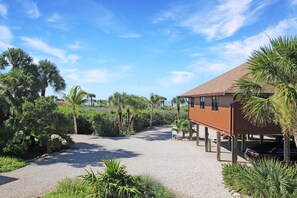 A coastal property with a gravel driveway leading to a wooden structure supported by stilts, surrounded by palm trees and dense vegetation.