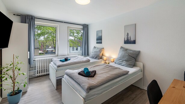 Een moderne slaapkamer met twee bedden, een radiator, een raam met gordijnen, een plant en een schilderij aan de muur.