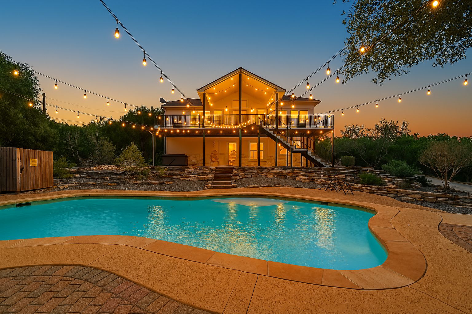 Una casa de dos pisos con piscina, luces colgantes y un porche cubierto.