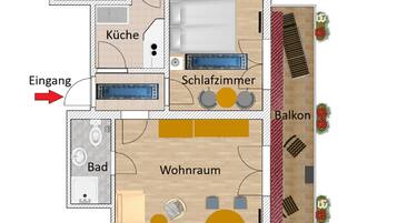 Distribución de una habitación de hotel que incluye baño, cocina, sala de estar, balcón y entrada.