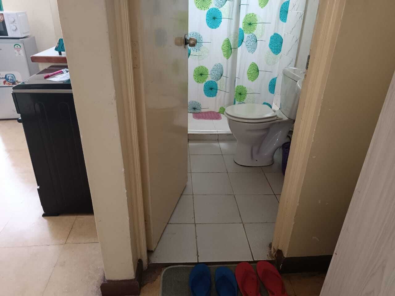 Un pasillo estrecho que conduce a un baño con inodoro y cortina de ducha con estampado de hojas.