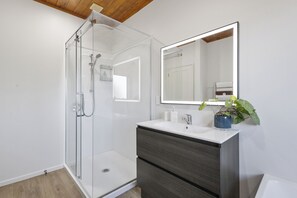 Shower, hair dryer, towels, soap