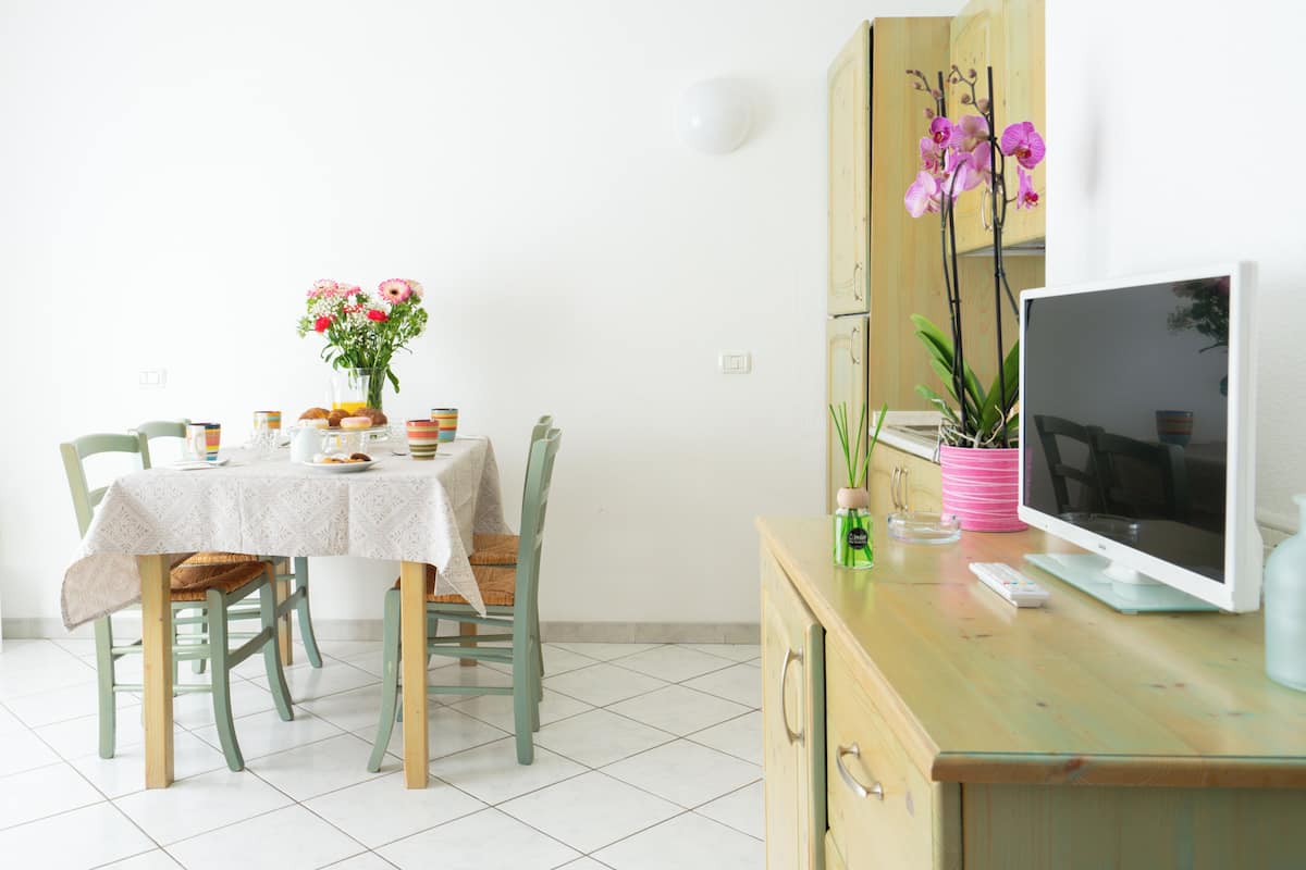 Un coin repas avec une table dressée pour quatre personnes, des chaises, un téléviseur posé sur un meuble en bois et des plantes en pot.