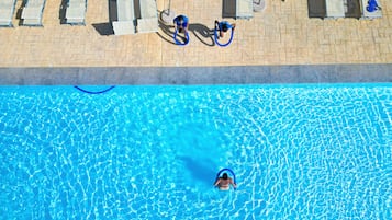 Outdoor pool, pool umbrellas, pool loungers
