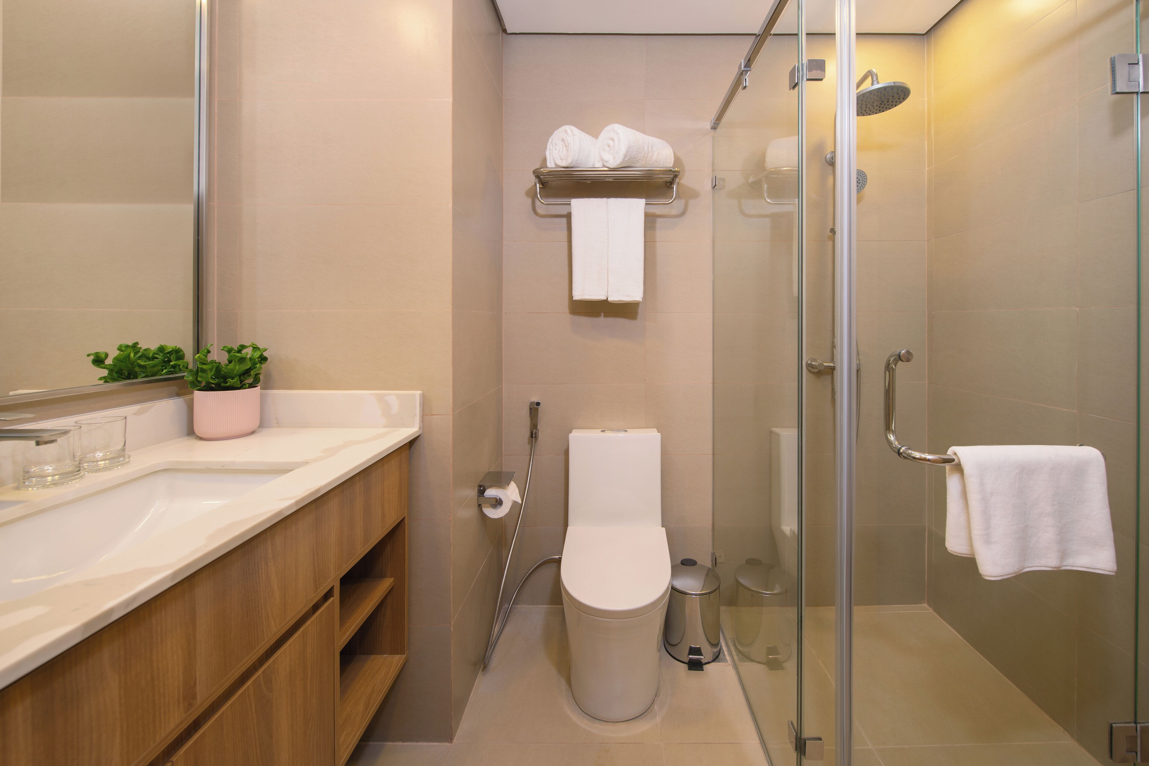 Hair dryer, bathrobes, slippers, bidet