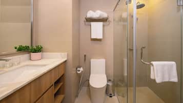 Hair dryer, bathrobes, slippers, bidet