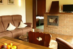 Smart TV, fireplace, DVD player, books