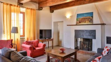 Télévision, cheminée, lecteur de DVD, chaßne hi-fi