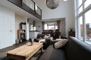 Älytelevisio, takka, DVD-soitin, kirjoja