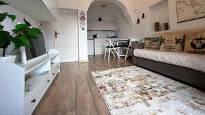 Ein kompakter Wohnbereich mit Küchenzeile, Essbereich und Sitzecke mit gemustertem Teppich.