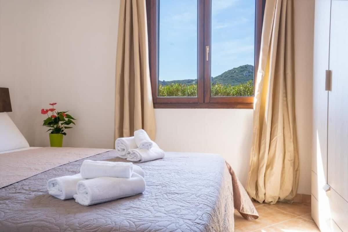 A hotel room with a bed, a window with curtains, a plant, and towels on the bed.