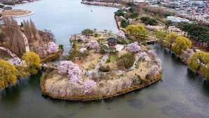 A park with a lake, walking paths, and cherry blossom trees. - Anook Ryokan Hotel Paju (Paju)