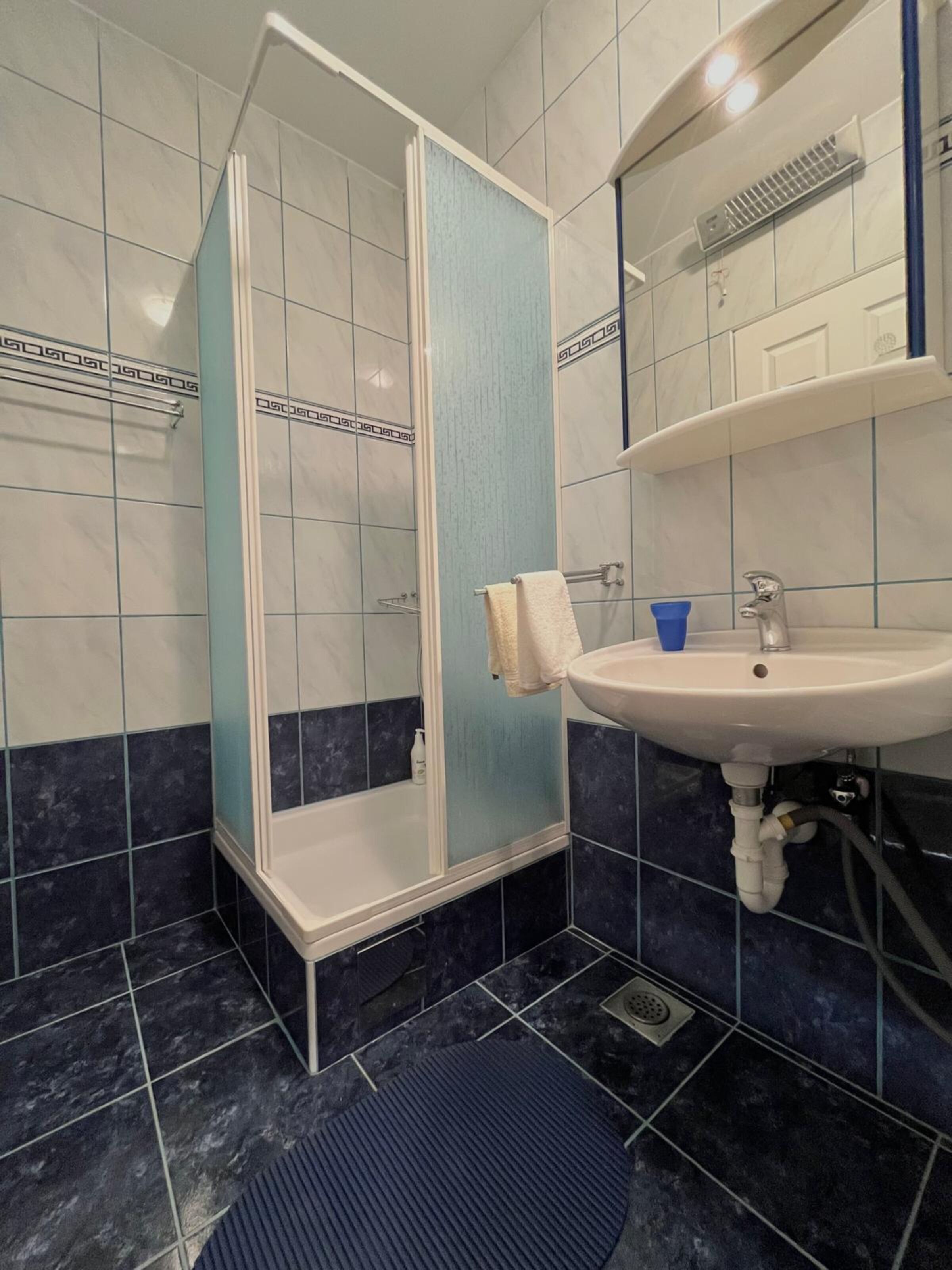 Ein Badezimmer mit Dusche, Waschbecken und Spiegel.