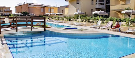 Seasonal outdoor pool, pool umbrellas, pool loungers