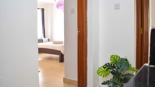 Una habitación de hotel con una cama, una planta en maceta y una puerta que da a otra habitación.