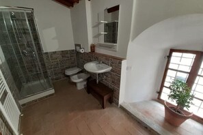 Une salle de bain avec une douche à parois de verre, un lavabo, deux toilettes et une plante en pot près de la fenêtre.