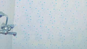 Shower, rainfall showerhead, free toiletries, towels
