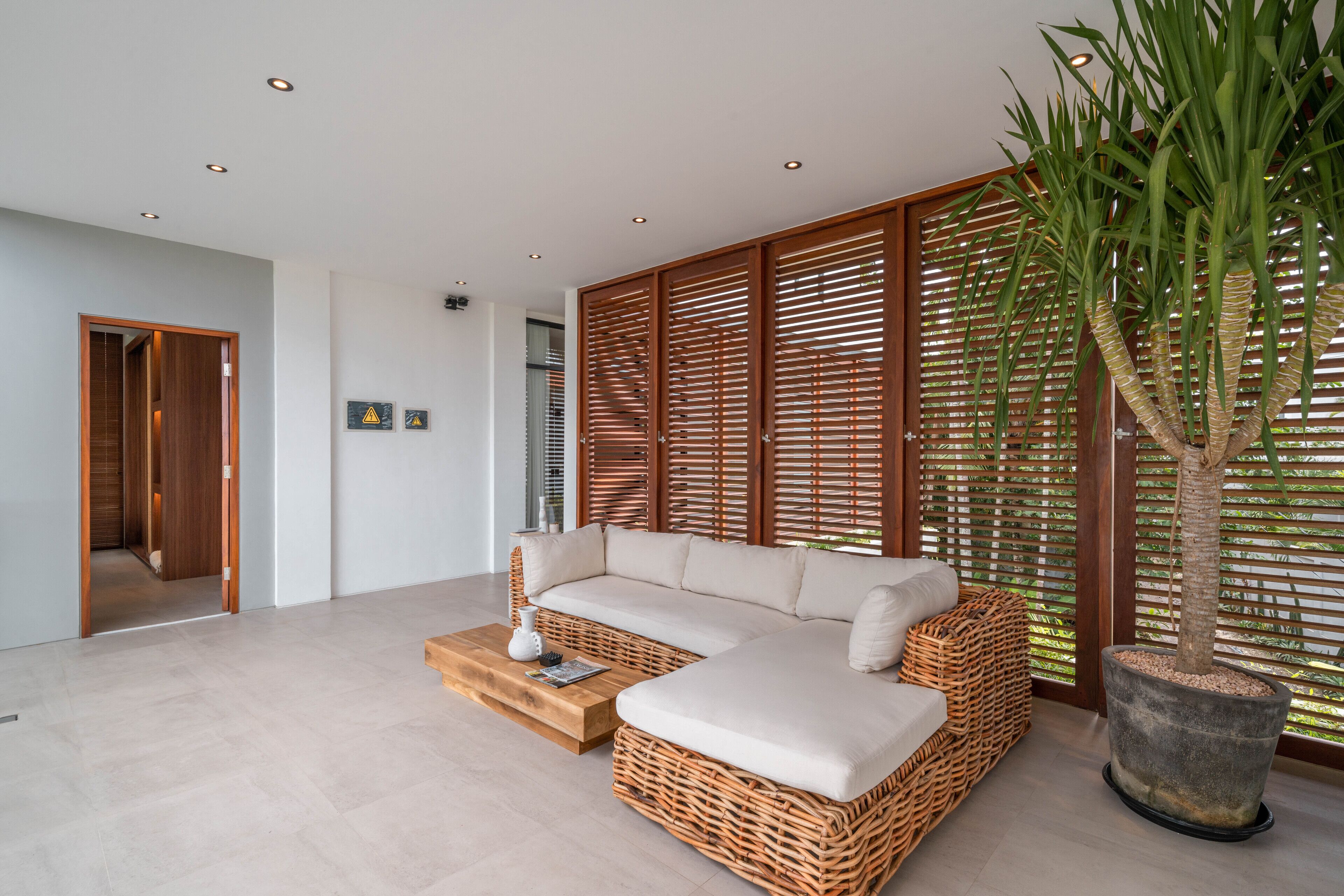 Ein modernes Wohnzimmer mit einem Rattan-Sofa, einem Couchtisch und einer großen Kübelpflanze.
