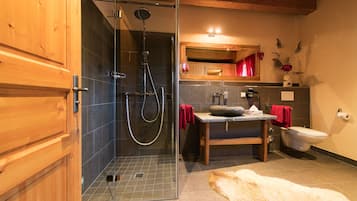 Hair dryer, towels, soap, toilet paper
