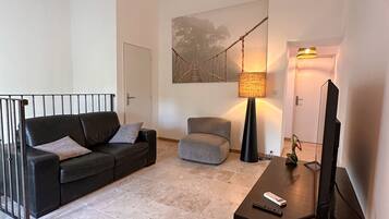 TV connectée, lecteur de DVD, table de tennis de table, livres