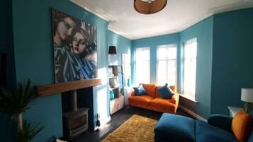 Smart TV, fireplace, books