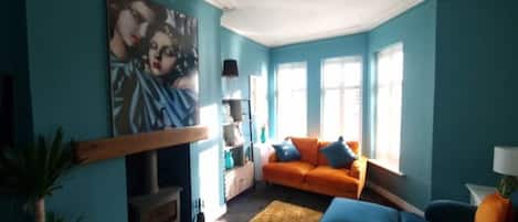 Smart TV, chimenea y libros