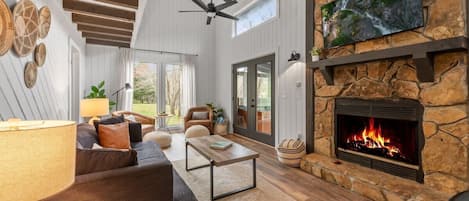 TV connectée, cheminée, livres