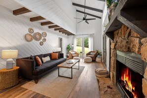 Smart TV, fireplace, books