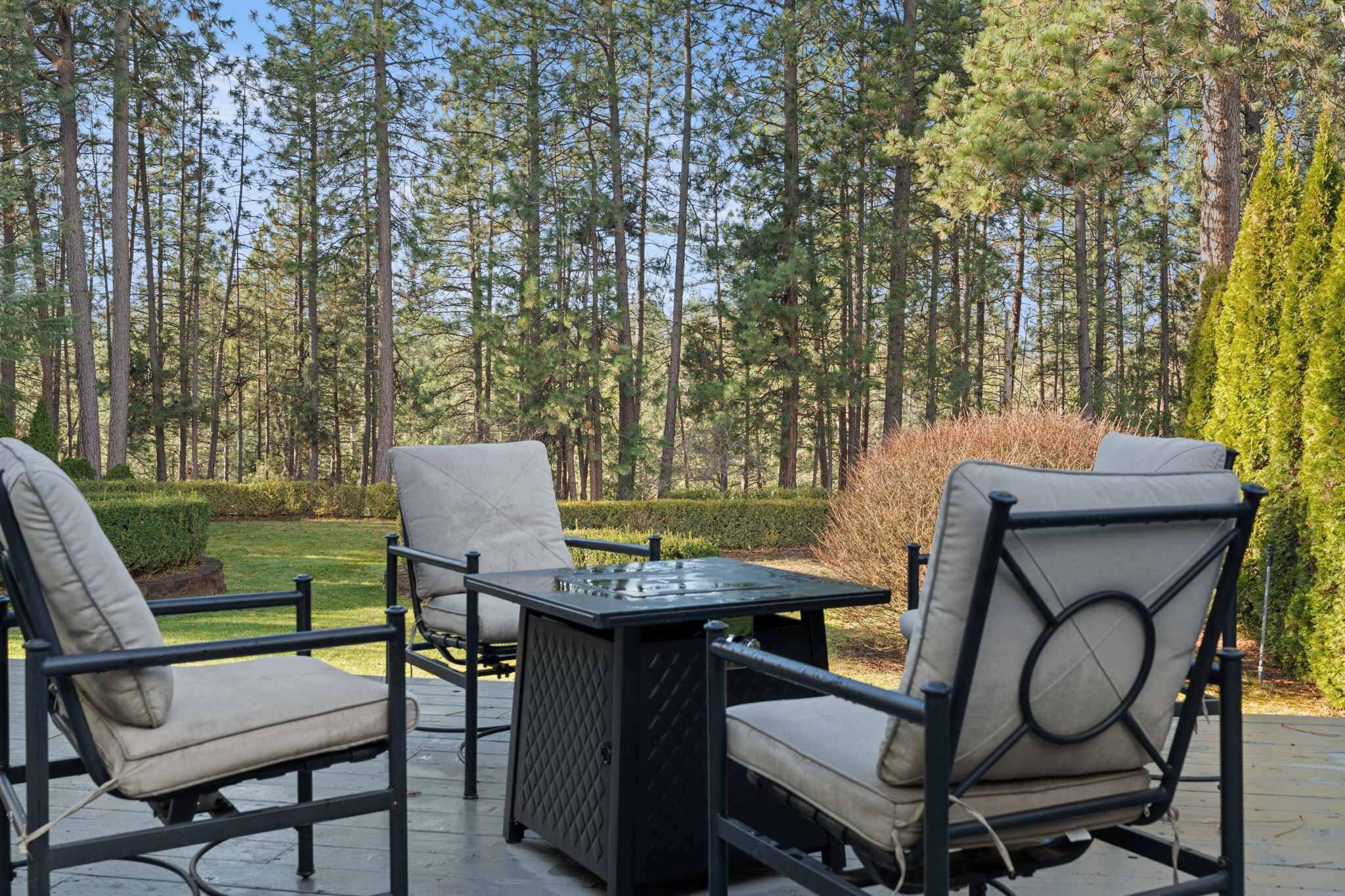 An outdoor patio with a table and chairs, surrounded by a forested area.