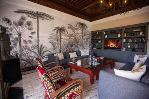 Smart TV, fireplace, books