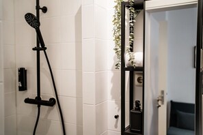 Shower, hair dryer, towels