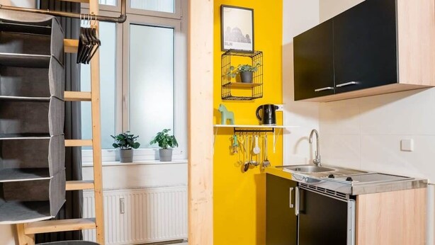 A compact kitchen with a black refrigerator, a sink, and a wooden cabinet. There is a window with a view of the outside, and a shelf with plants and kitchen utensils. - Cosy Box at Boxhagener Platz (Berlin)