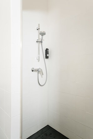 Chuveiro, secador de cabelo, toalhas de banho 
