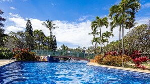 Une piscine avec un pont, entourée de palmiers et de plantes tropicales.