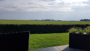A view from a balcony overlooking a green field with a hedge in the foreground and a clear sky. - Bed & Breakfast Rheiderland (Bunde)