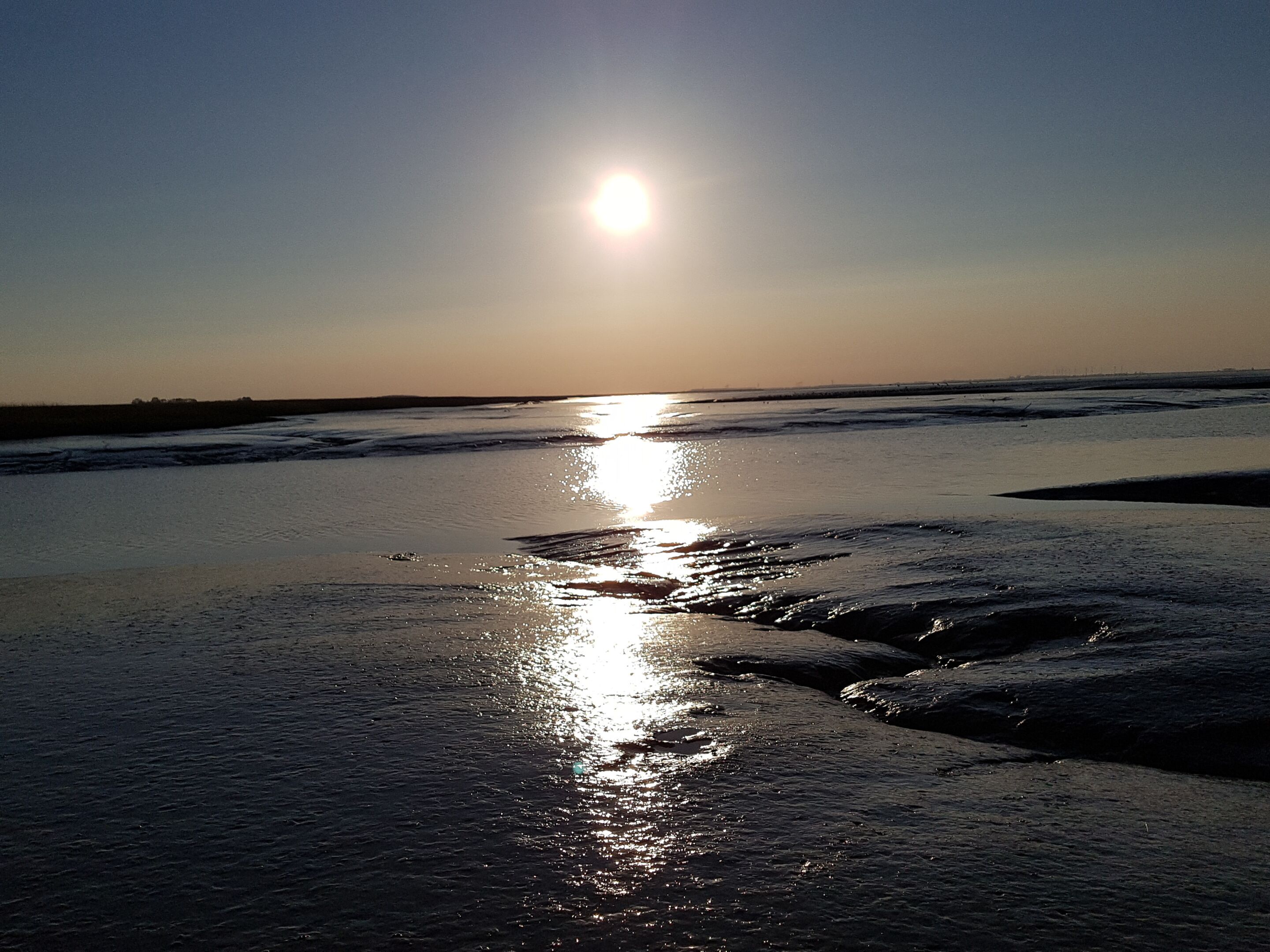 Una playa con la luz del sol reflejándose en la arena mojada.