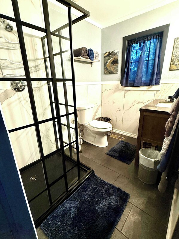 A bathroom with a glass shower enclosure, a toilet, a sink, and a window with curtains. - Ridgeway Bed & Brksfst Suite, Full Kitchen, Slps 4 (Eureka Springs)
