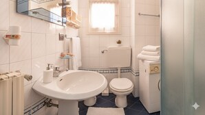 Un baño con lavamanos, inodoro y espejo. Hay una ventana con cortinas, un perchero para toallas y una pequeña planta sobre el lavamanos.