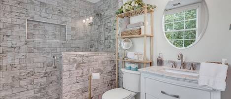 Shower, hair dryer, towels