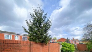 A patio with a blue table and chairs, a brick wall, and a tree. - Spacious 3 Bed Townhouse Garden Wifi Balham (London)