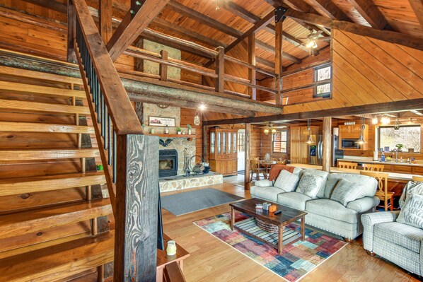 TV, fireplace, books